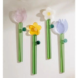 Yeknu  Colored Flower Glass Dessert Spoon High Temperature Resistant Spoon Creative Long Spiral Handle Juice Coffee Stirring Spoon