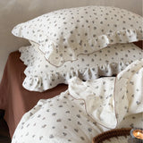 Yeknu INS Princess Ruffle Edge Gauze 100% Cotton Pillow Case Breathable Duvet Cover Without Filler 3PCS Floral Home Bedding Set