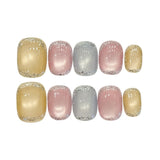 Yeknu  10 Pcs Press On Nails Ultra Short Gradient Fake Nails Gold Holographic Glitter With Rhinestones Handmade False Nail Tips