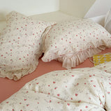 Yeknu INS Princess Ruffle Edge Gauze 100% Cotton Pillow Case Breathable Duvet Cover Without Filler 3PCS Floral Home Bedding Set