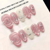 Yeknu  10Pcs Handmade Y2K Press On Nails Pink Almond Fake Nails with Metallic Silver Line & Rhinestone Decor Removable Nail Tip