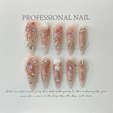 Yeknu 10Pcs Handmade Nails Set Press on Long Almond False Nail with Rhinestone Pink Camellia Design Reusable Full Cover Fake Nail Tips