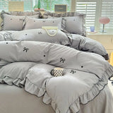 Yeknu  French Ins Princess Style Lace Four-piece Set Washed Cotton Embroidered Quilt Cover Set Bow Girly Heart Bed Sheet Three-piece