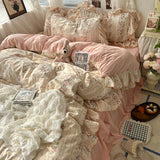Yeknu 3/4Pcs Korean Princess Style Floral Ruffles Bedding Set Skin-friendly Soft Duvet Cover Set Bed Sheet Or Bed Skirt Pillowcases