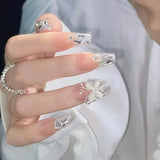 Yeknu 24pcs/box Fake Nails Press on Reusable with Designs Set French Artificial Aurora Diamond False Tipsy Stick-on Nails Tips Art