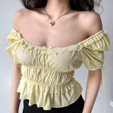 Yeknu  Deeptown Elegant Sexy Butter Yellow Tops Women Coquette Sweet Crop Tops Korean Fashion Lace Summer Slim Up Short Sleeve Tees