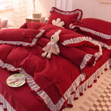 Yeknu Girls Bedding Sets Kawaii Seersucker Bed Sheet Pillowcase Fashion Princess Duvet Cover Solid Color 4 Pieces Cute Home Decoration