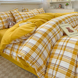 Yeknu  Nordic Plaid Pattern Wash Cotton Bedding Set Duvet Cover Pillowcase Bed Sheet Set Comforter Cover Bed Linens Set Queen King Size