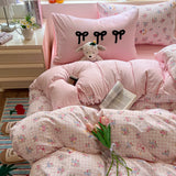 Yeknu Cartoon Bedding Set Ins Korean Towel Embroidery Bed Linen Flat Sheets Set 2 Pillowcases Twin Double Queen Size Duvet Cover Set