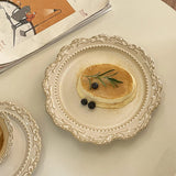 Yeknu  Retro Ceramic Dessert Plate with Embossed Lace Design French Style Western Dinner Plate Cake Plate Pasta Salad Plate