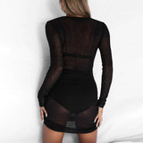 Yeknu  Sheer Long Sleeve Women Dress Spring Summer Short Dress Round Neck Solid Color Tight Sexy Cover-ups Transparent Beach Vestidos
