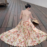 Yeknu  Oversized Pleated Hem Halter Dress Bohemian Floral Print Beach Seaside Holiday Dresses Summer Sleeveless Suspender Long Dress