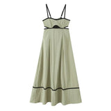 Yeknu  Fashion Green Contrast Black Edge Suspender Dress Summer Sleeveless Backless Casual Beach Dresses For Women Midi Vestidos