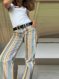 Yeknu  Vintage Striped Women's Denim Pants Contrasted Color Low Waist Lady Wide Leg Pants Spring Summer Fashion Female Bottoms New
