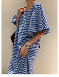 Yeknu  Fashion Square Neck Plaid Puff Sleeve Loose Casual Dress Summer Women Korean Ladies Chic New Dresses Elegant Woman Dress