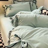 Yeknu  Ins Style Bow Embroidery Pure Cotton Bed Sets Princess Brushed Bedding Set with Lace Single Double Queen King Size Bedclothes