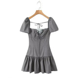 Yeknu  Jastie New Mini Women's Dress Square Neck Lace Patchwork Waist Flower Bud Dress Fashion Party Puff Sleeve Women's Dress