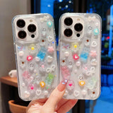Yeknu  DIY Candy Bear Flower Pearl Heart Case For iPhone 13 14 Pro Max 11 15 Plus 17 Phone Cases Transparent Soft Shockproof Cover Capa