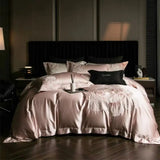 Yeknu High Precision Damask Egyptian Cotton Flowers Embroidery Luxury Bedding Set Duvet Cover Flat/Fitted Bed Sheet Pillowcasess 4Pcs