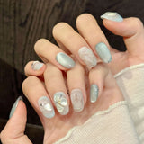 Yeknu  10PCS Short Oval Fake Nails Shiny Ice Blue Sequins Design Short Oval Press on Nails Women Reusable Wearable Handmade False Nails