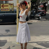 Yeknu  Sleeveless Printed Halterneck V-neck Crop Top Backless Cherry Print Bow Slim Fit Crop Top