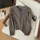 Yeknu  Women's Red Plaid Shirts and Blouses Y2k Aesthetic Vintage Korean Harajuku 2000s Elegant Long Sleeve O-Neck Shirt Trashy Clothes