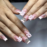 Yeknu 24Pcs Mid-length French Pink Square Head Press on False Nails Flash Drill Wearable Finished Manicure Full Cover Nail Tips