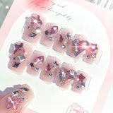 Yeknu  Gradient Blue Fake Nails with Flower Crystal Design Glitter Fake Nails for Lady Girls Christmas Gifts Artificial Nails Handmade
