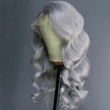 Yeknu  Silver Grey Lace Front Wig Synthetic Lace Wig Glueless Body Wave Long Wavy Silver Wig Body Wave Long Grey Hair Wigs for Women