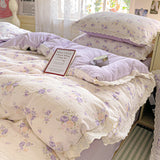 Yeknu  new small fresh printing French lace lace double four-piece set bedding wrinkled yarn student three-piece set