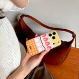 Yeknu  Cute cream strawberry cake yellow grid phone case for iPhone 14 15 16 17 Pro Max 13 17Air soft cases lens protective back cover