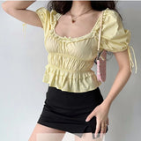 Yeknu  Deeptown Elegant Sexy Butter Yellow Tops Women Coquette Sweet Crop Tops Korean Fashion Lace Summer Slim Up Short Sleeve Tees