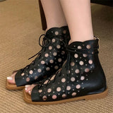 Yeknu  Fashion Design Hollow Out Flat Heels Boot Sandals Woman Summer Gladiator Peep Toe Zipper Party Dress Shoes