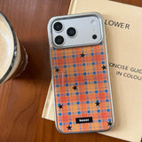 Yeknu  Autumn-Winter Retro Grid Orange Blue Plaid Stars Sliver Edge Cover Case for iPhone 14 15 16 17 Pro Max 13 Protective Phone Case