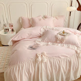 Yeknu  Korean Princess Style Bedding Set Girl Heart Solid Color Double Bed Sheets Washed Cotton Ruffled Bed Cover Sheet Quilt Set