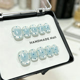 Yeknu  10Pcs Handmade Light Blue Cat Eye Press On Nails Short Square False Nails With Blue Rhinestones Reusable Fake Nail for Women