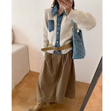 Yeknu  Knitted Autumn Winter Cardigan Women Denim Patchwork Fashion Ladies Cardigans Casual Loose Woman Sweater Coats