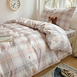 Yeknu  100% Pure Cotton Grid Pattern Bedding Set Skin Friendly Bedsheet Duvet Cover 2 Pillowcases Double Bedclothes for Home Dormitory