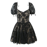 Yeknu  Jastie Sexy Sweet Women Puff Sleeve V Neck A-line Mini Lace Dresses Black White Summer Pretty Girl Party Dress Holiday Robe