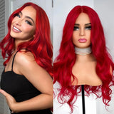 Yeknu  Red Wigs Long Wavy Wig for Women Synthetic Middle Part Natural Curly Body Wave Heat Resistant Fiber Wig for Daily Party Cosplay