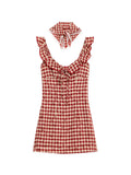 Yeknu  Japanese Prairie Chic O-Neck Flying Sleeve  Mini Dress Women Vintage Plaid Slim A-Line Dress Summer Sweet Sexy One-Piece Frocks