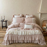 Yeknu  Romantic French Double Layer Lace Ruffles Bedding Set 20% Ramie, 80% Cotton Duvet Cover Set Quilted Bedspread Pillowcases 4Pcs