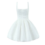 Yeknu  Summer New Women's Square Neck Sling Fishbone Slim Fit Puffy Dress White Elegant Sling Dress