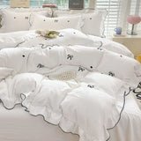 Yeknu  French Ins Princess Style Lace Four-piece Set Washed Cotton Embroidered Quilt Cover Set Bow Girly Heart Bed Sheet Three-piece
