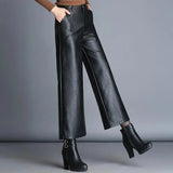 Yeknu  Plus Size Pu Faux Wide Leg Ankle-length Pants Women Baggy Black Shiny High Waist Womens Loose Pant Korean Trousers