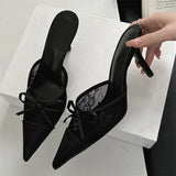 Yeknu  Elegant Mesh Fabric Butterfly-knot Pointed Toe Slippers Women Sexy Thin Heels Party Prom Mule Shoes