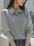 Yeknu  Autumn Knitted Patchwork Pullover Tops Women Striped Print Fashion Casual Ladies Blouses Korean Style Woman Tops