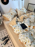 Yeknu Korean Style Ins Retro Fresh Floral Washed Cotton Bed Four Piece Duvet Set, Student Dormitory Bed Sheet Three Piece Set