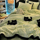 Yeknu  Korean Style Bedding Set Green Strip Black Cat Embroidery Washed Cotton  Duvet Cover Cute Cardboard  Bed linen Comforter Sets