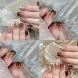 Yeknu  24pcs Maillard Press on Nails Amber Gradient Mirror Powder Fake Nails Short Square Ins Style Nail French Gradient Fake Nail Tips